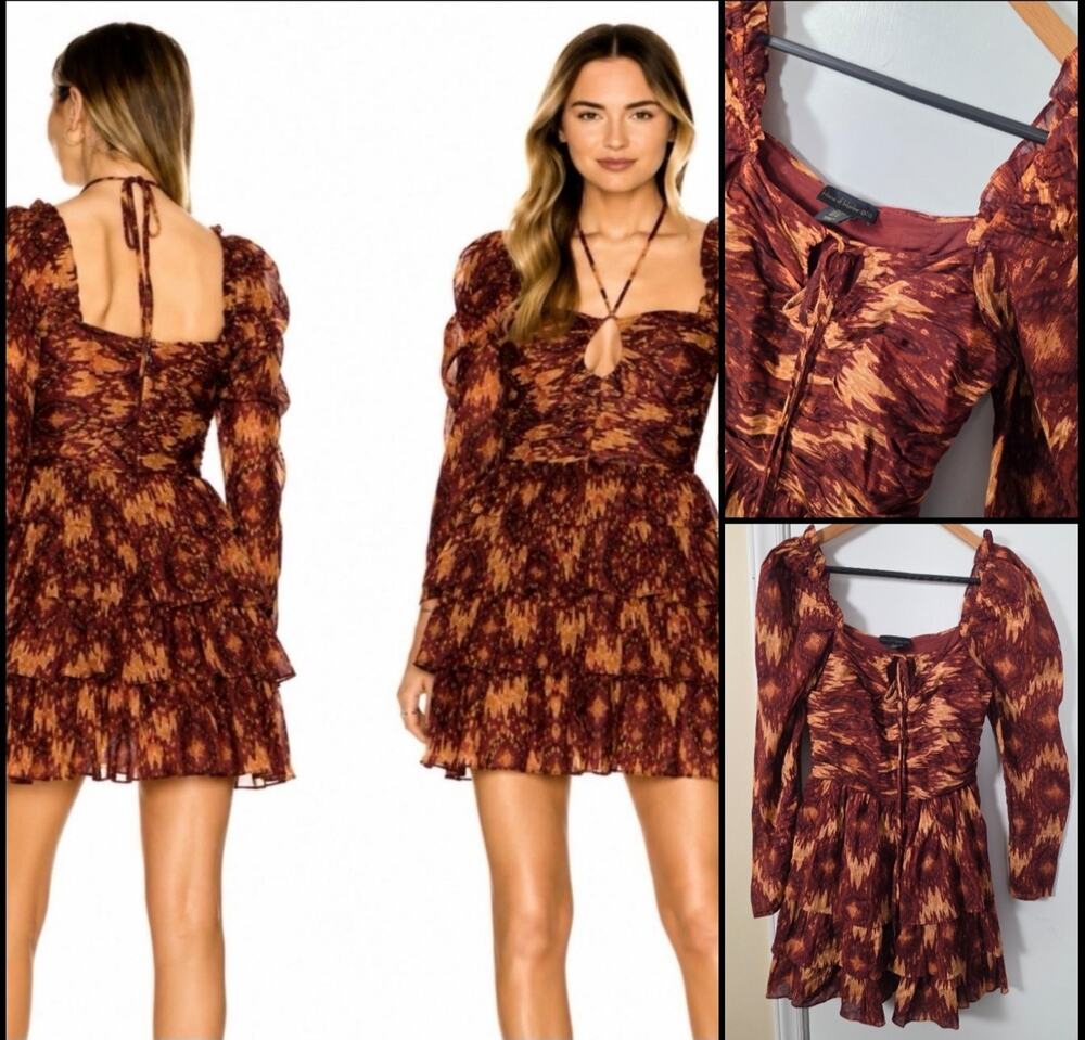 House of Harlow Cotton Rust Brown Tiered Mini Dress Size XS Tie Neck Long Sleeve